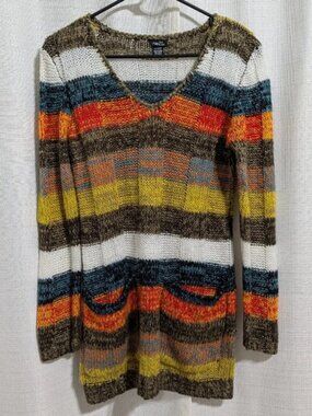 4/$20 Rue21 Stripped Knit Long Sweater V Neck Multi Color XL Hippie Chic Women's